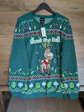 Dreamworks Shrek The Halls Donkey Holiday Sweater Mens 2X Green Long Sleeve NWT